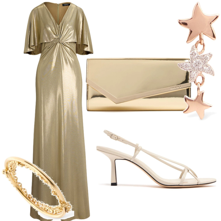 Outfit donna - Tutta d oro sotto le stelle. Stile Chic per Serata fuori. Abbinamento con vestiti, orecchini, pochette, sandali in pelle, anelli.
