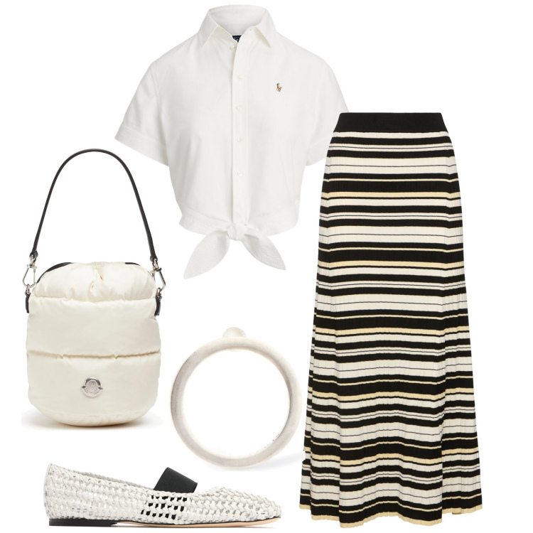 Outfit donna - Le righe estive. Stile Casual chic per Tutti i giorni. Abbinamento con camicie, orecchini, gonne lunghe, borse a secchiello, ballerine.
