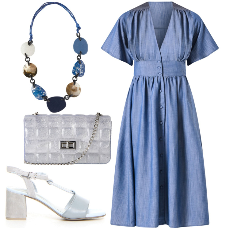 Outfit donna - Abitino effetto jeans. Stile Urban per Ufficio. Abbinamento con borse a tracolla, vestiti chemisier, sandali col tacco, collane.