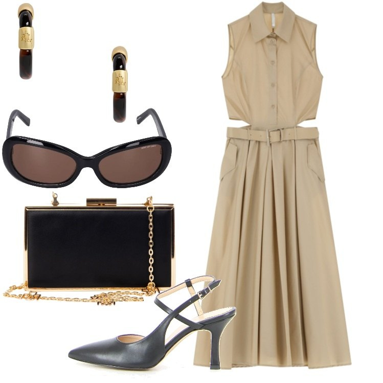 Outfit donna - Abito cut-out elegante. Stile Bon Ton per Serata fuori. Abbinamento con pochette, vestiti senza maniche, orecchini, occhiali da sole, sandali col tacco.