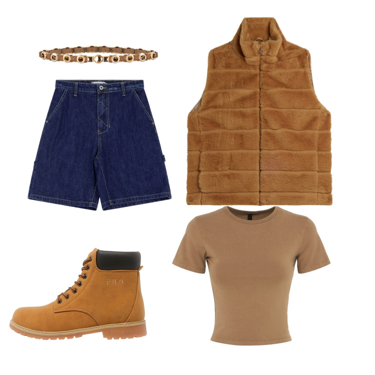 Outfit donna - Outfit donna. Abbinamento con cinture, bermuda, gilet, stivaletti, t-shirt.