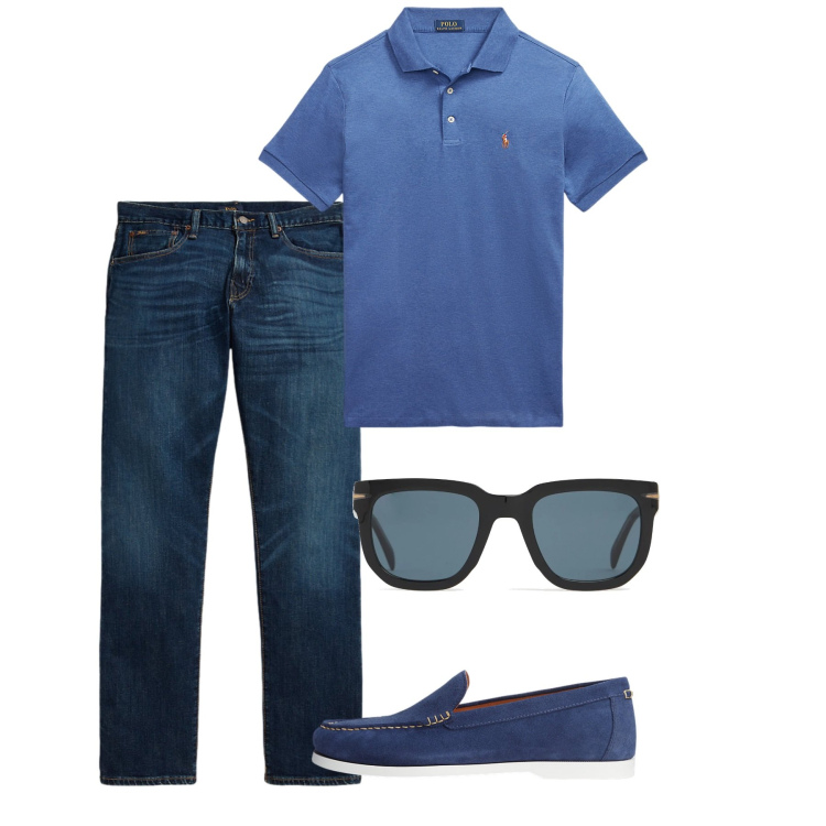 Outfit uomo - Agosto in città. Stile Casual per Tutti i giorni. Abbinamento con scarpe stringate, polo, jeans dritti, occhiali da sole.
