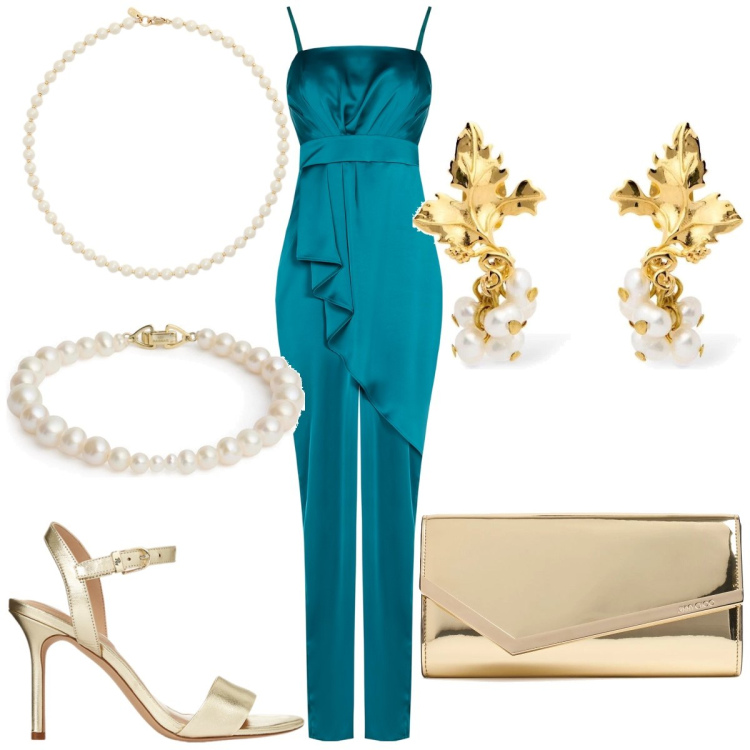 Outfit donna - Cerimonia. Stile Glamour per Cerimonia. Abbinamento con tute, sandali in pelle, collane, pochette, braccialetti, orecchini.
