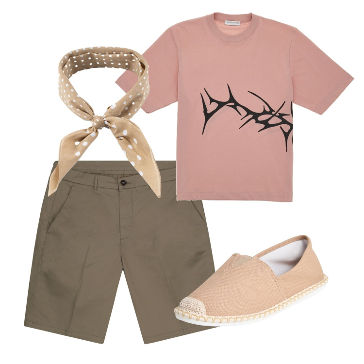 Outfit uomo - Marrone. Stile Casual per Tutti i giorni. Abbinamento con espadrillas, sciarpe e foulard, t-shirt, bermuda.