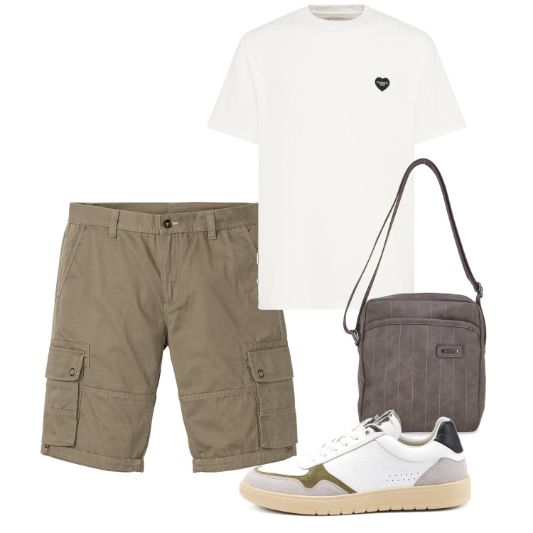 Outfit uomo - Agosto. Stile Casual per Tutti i giorni. Abbinamento con bermuda, portafogli, sneakers, t-shirt.