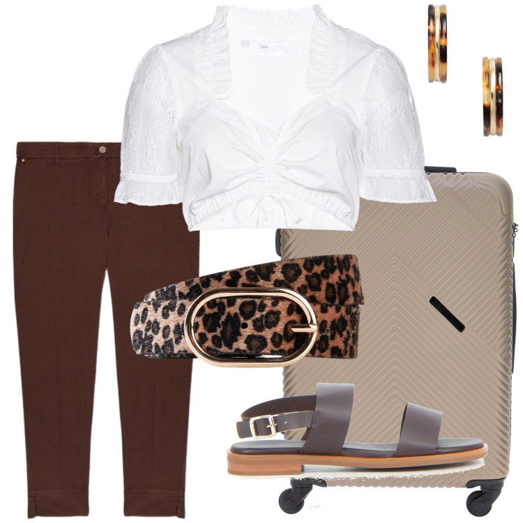 Outfit donna - Good time. Stile Glamour per Tutti i giorni. Abbinamento con camicie, cinture, orecchini, pantaloni chino, sandali, valigie.
