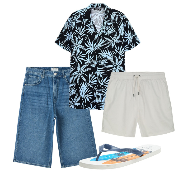 Outfit uomo - Mare blu. Stile Casual per Mare. Abbinamento con pantaloni corti, sandali, camicie a manica corta, costumi.