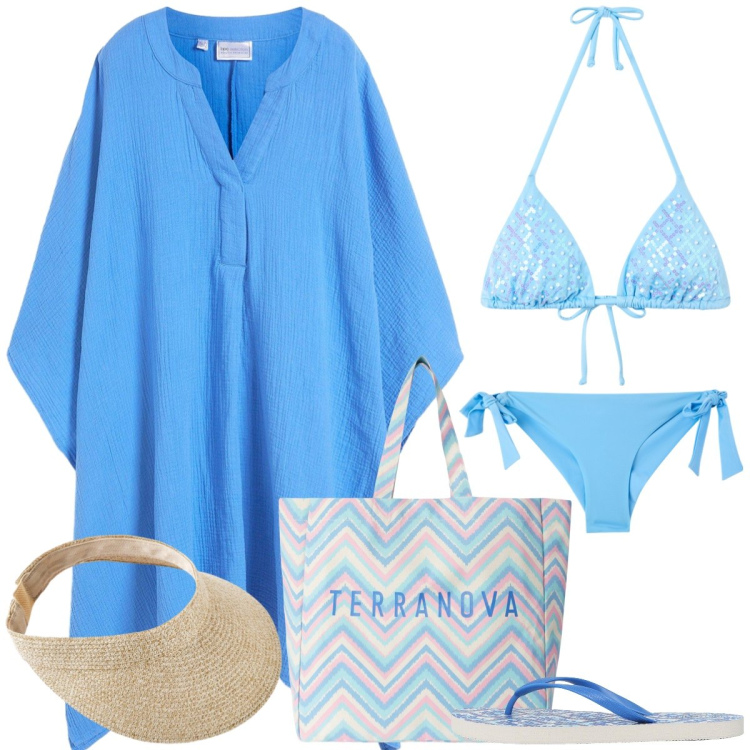 Outfit donna - Azzurro mare d’agosto. Stile Romantica per Mare. Abbinamento con vestiti da spiaggia, cappelli con visiera, bikini, infradito, bikini, borse tote.