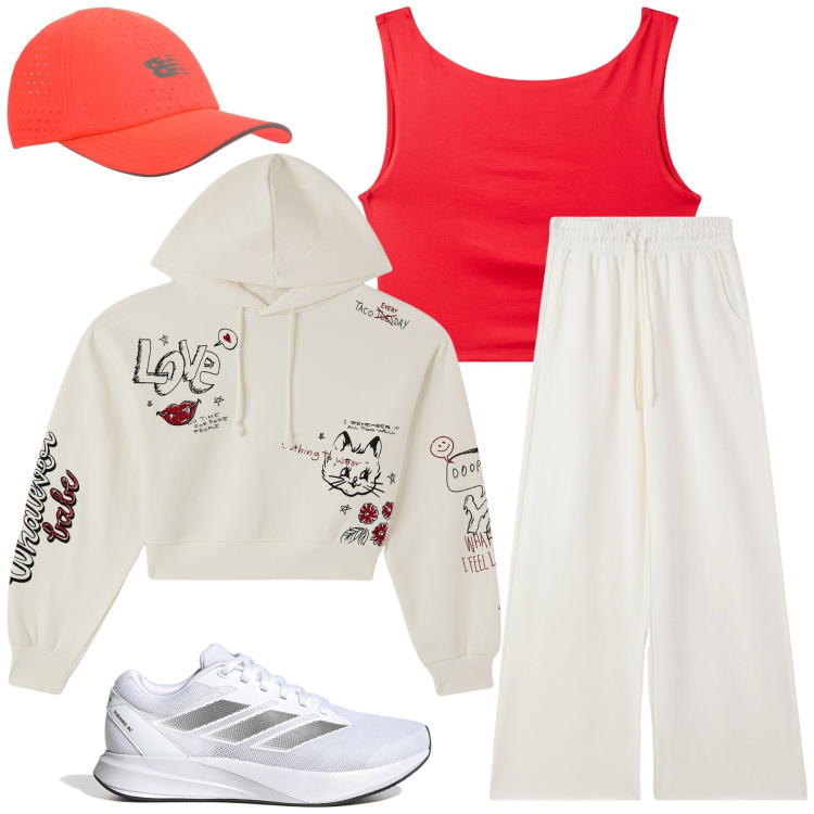Outfit donna - Camminata veloce. Stile Sporty chic per Sport. Abbinamento con top, felpe con cappuccio, pantaloni sportivi, cappelli con visiera, scarpe sportive.