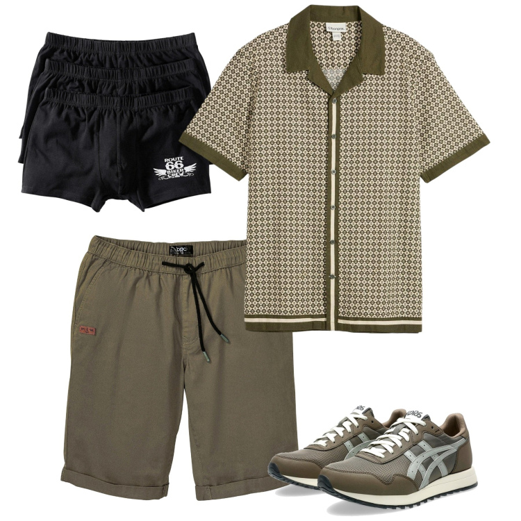 Outfit uomo - Ton sur ton. Stile Casual per Tutti i giorni. Abbinamento con bermuda, boxer, camicie a manica corta, sneakers.