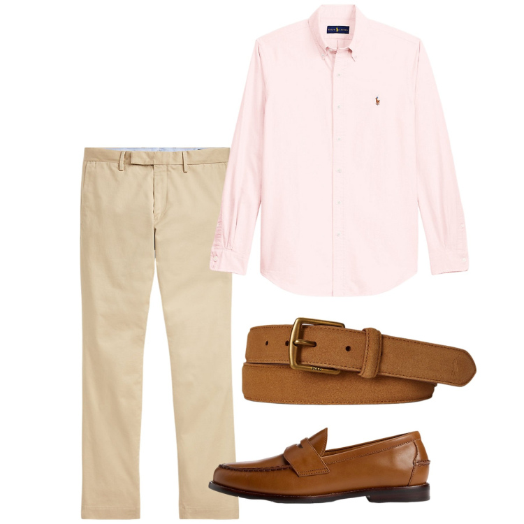 Outfit uomo - Leggerezza rosa. Stile Casual per Tutti i giorni. Abbinamento con camicie, scarpe stringate, pantaloni chino, cinture.