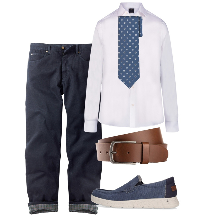 Outfit uomo - Tocco chic. Stile Casual per Tutti i giorni. Abbinamento con jeans dritti, cinture, camicie, cravatte, scarpe stringate.