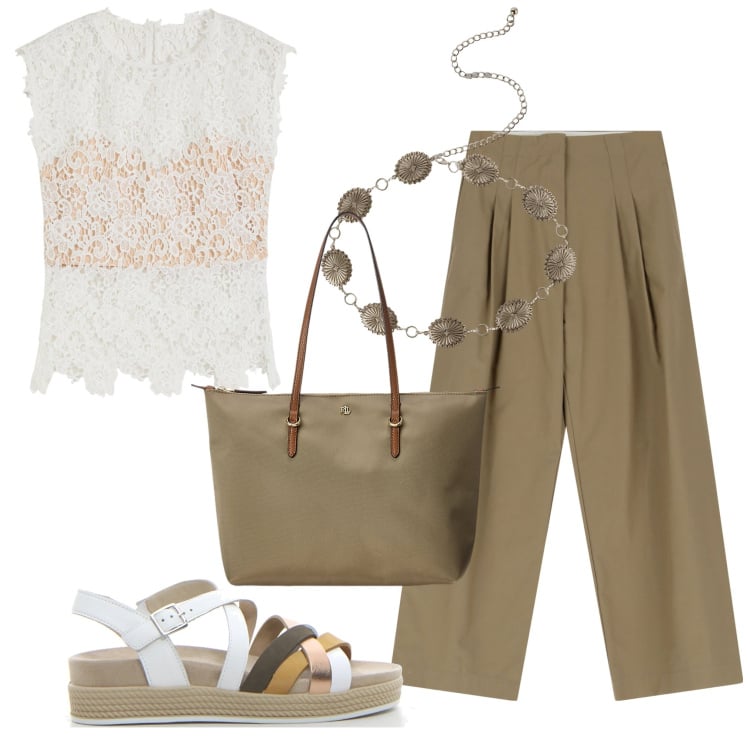 Outfit donna - Semplice estate. Stile Casual per Tutti i giorni. Abbinamento con top, cinture, pantaloni, borse tote, sandali.