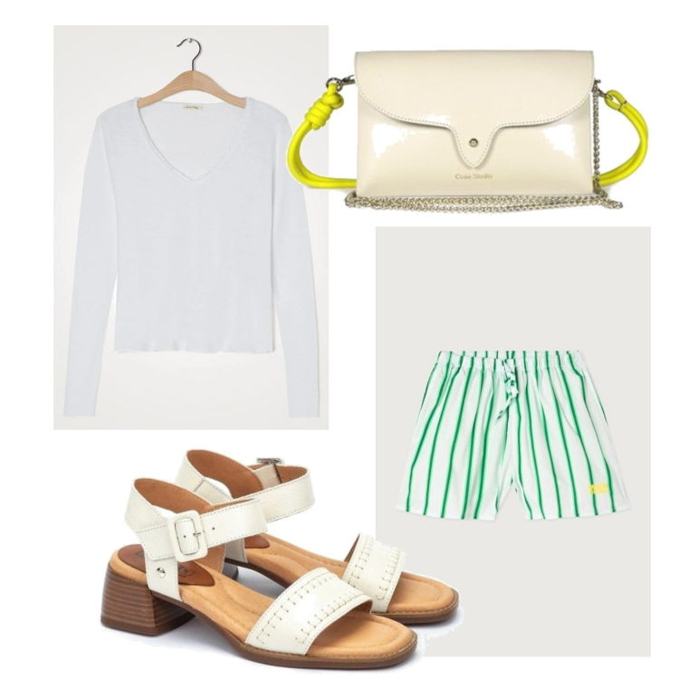 Outfit mujer - Casual look. Estilo Casual para Todos los días. Combinación con bolsos de mano, camiseta, pantalones cortos, sandalias de piel.