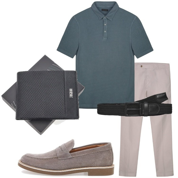 Outfit uomo - Polo in maglia leggera. Stile Casual per Serata speciale. Abbinamento con cinture, scarpe stringate, portafogli, pantaloni chino, polo.