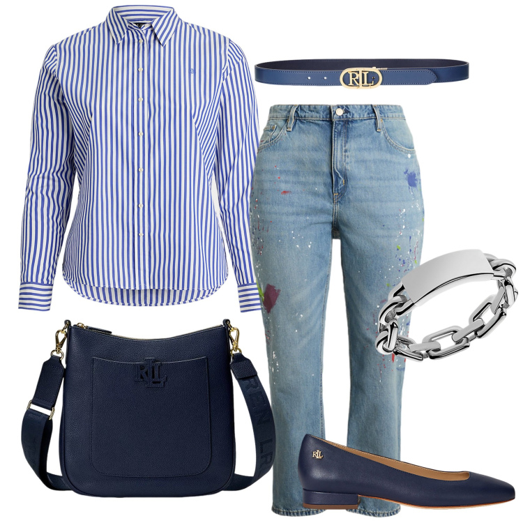 Outfit donna - In ufficio ad agosto. Stile Casual per Ufficio. Abbinamento con borse a tracolla, camicie, cinture, anelli, ballerine, jeans boyfriend.