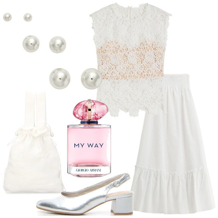 Outfit donna - Deliziosamente romantica. Stile Romantica per Serata fuori. Abbinamento con top, profumi, gonne lunghe, orecchini, décolleté, borse a mano.