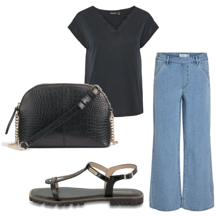 Outfit mujer - Basic look. Estilo Basic para Todos los días. Combinación con sandalias de piel, vaqueros rectos, camiseta, bolsos de mano.