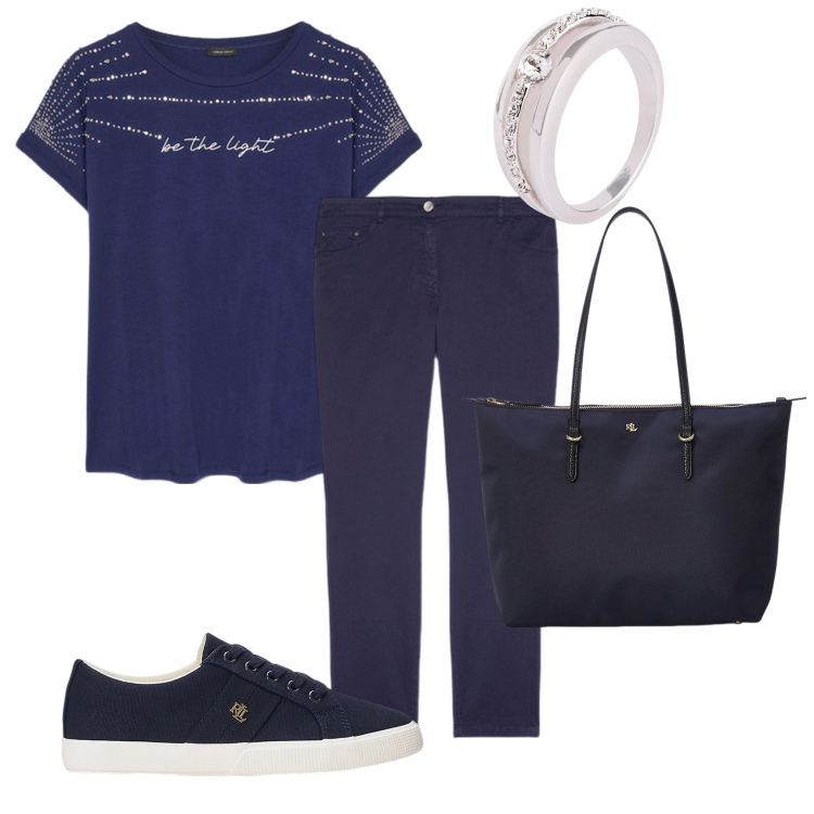 Outfit donna - Classica in blu. Stile Casual per Tutti i giorni. Abbinamento con anelli, borse tote, sneakers, t-shirt, pantaloni skinny.