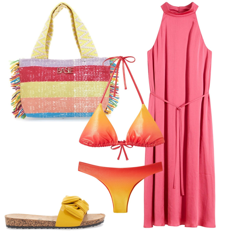 Outfit donna - Fun beach. Stile Casual per Mare. Abbinamento con vestiti midi/longuette, bikini, bikini, ciabatte, pochette.