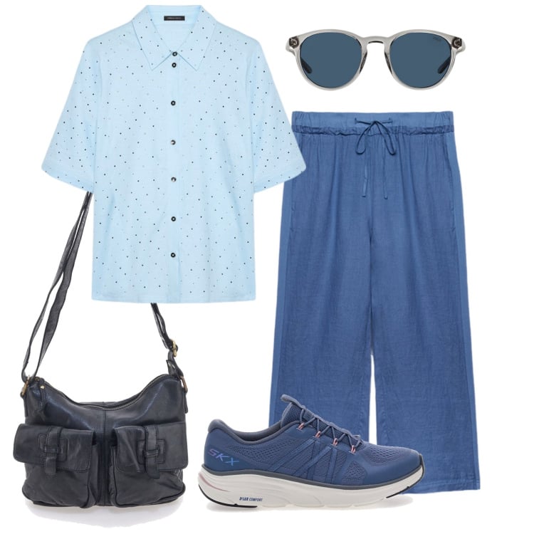 Outfit donna - Con la camicia. Stile Casual per Tutti i giorni. Abbinamento con occhiali da sole, sneakers, pantaloni, borse a tracolla, camicie a manica corta.