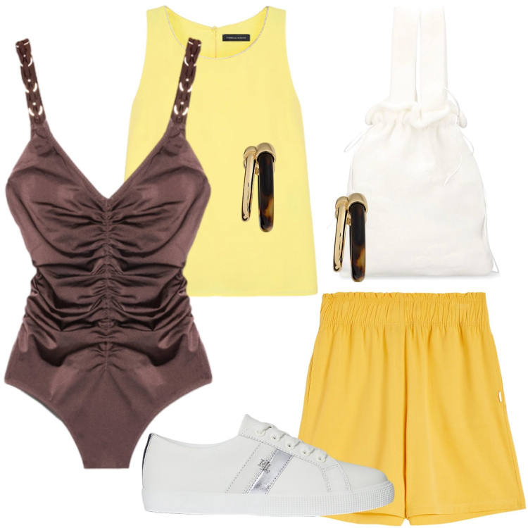 Outfit donna - Sfilata in spiaggia. Stile Basic per Mare. Abbinamento con pantaloni corti, orecchini, sneakers, costumi interi, top, borse a mano.