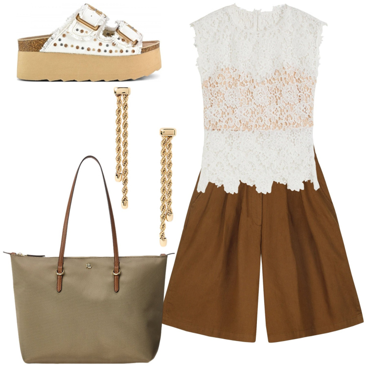 Outfit donna - Vacanze in città. Stile Casual chic per Tutti i giorni. Abbinamento con top, borse tote, orecchini, bermuda, sandali.