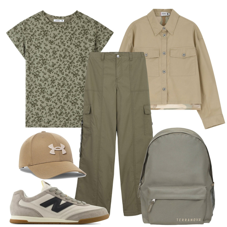 Outfit donna - Vacanze in montagna. Stile Casual per Tutti i giorni. Abbinamento con pantaloni cargo, zaini, t-shirt, sneakers, blazer, cappelli.