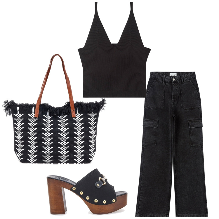 Outfit donna - In città. Stile Casual per Tutti i giorni. Abbinamento con top, jeans, borse a spalla, sandali col tacco.