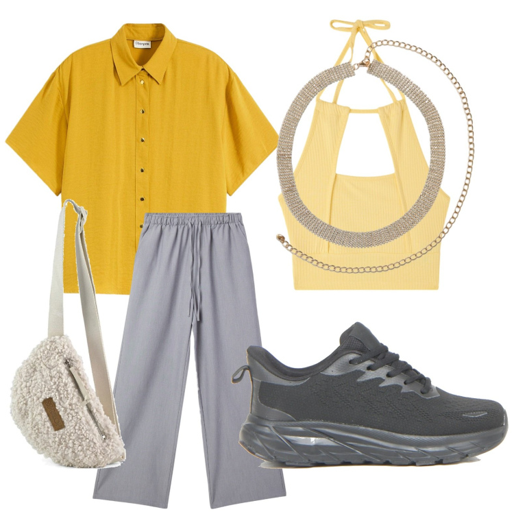 Outfit donna - Cardio street. Stile Glamour per Tutti i giorni. Abbinamento con camicie, pantaloni, collane, top, marsupi, sneakers.