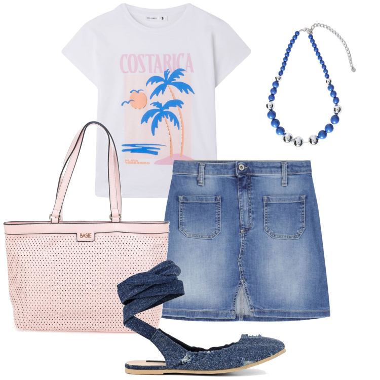 Outfit donna - Turismo cittadino. Stile Casual per Tutti i giorni. Abbinamento con t-shirt, minigonne, ballerine, collane, borse a spalla.