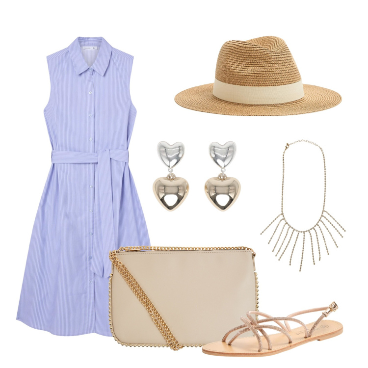 Outfit donna - Evergreen chemisier. Stile Basic per Tutti i giorni. Abbinamento con vestiti chemisier, cappelli, sandali, borse a tracolla, orecchini, collane.