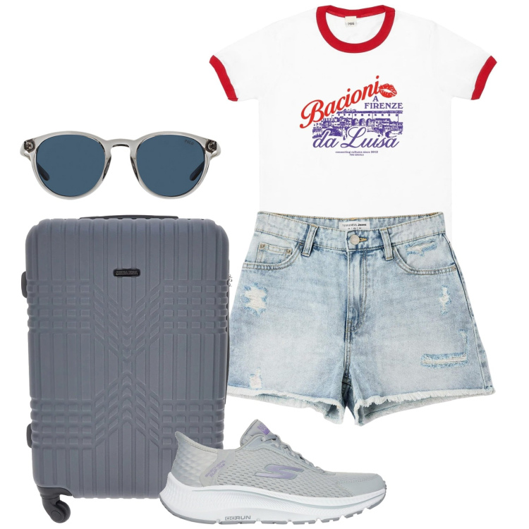 Outfit donna - Vacanza casual. Stile Basic per Tutti i giorni. Abbinamento con shorts, occhiali da sole, sneakers, valigie, t-shirt.