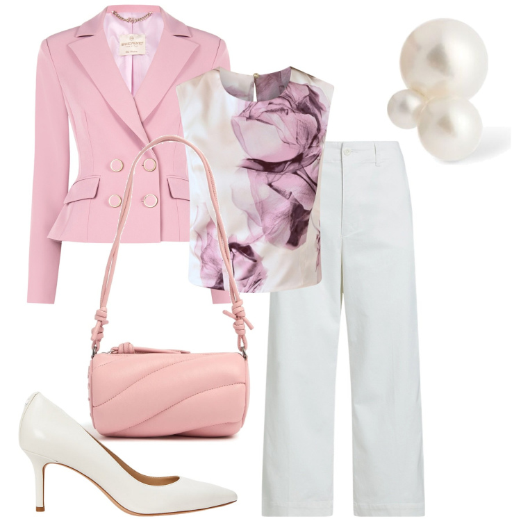 Outfit donna - Rientro in ufficio. Stile Bon Ton per Ufficio. Abbinamento con blazer, top, décolleté, pantaloni, orecchini, borse a spalla.