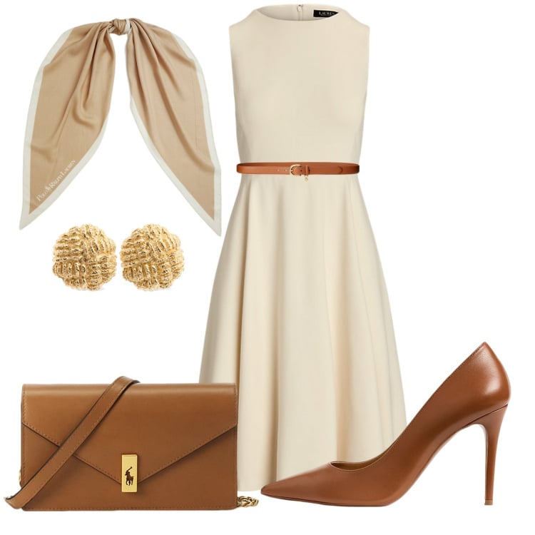 Outfit donna - Eleganza bon ton. Stile Bon Ton per Serata fuori. Abbinamento con vestiti senza maniche, cinture, décolleté, foulard, clutch, orecchini.