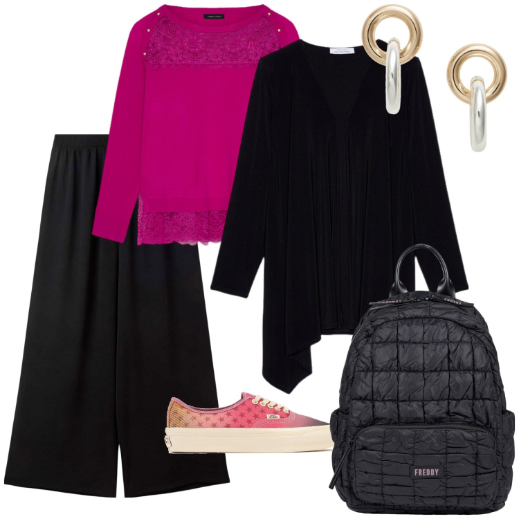 Outfit donna - Gita in montagna. per Tutti i giorni. Abbinamento con pantaloni, zaini, orecchini, maglieria, blazer, sneakers.