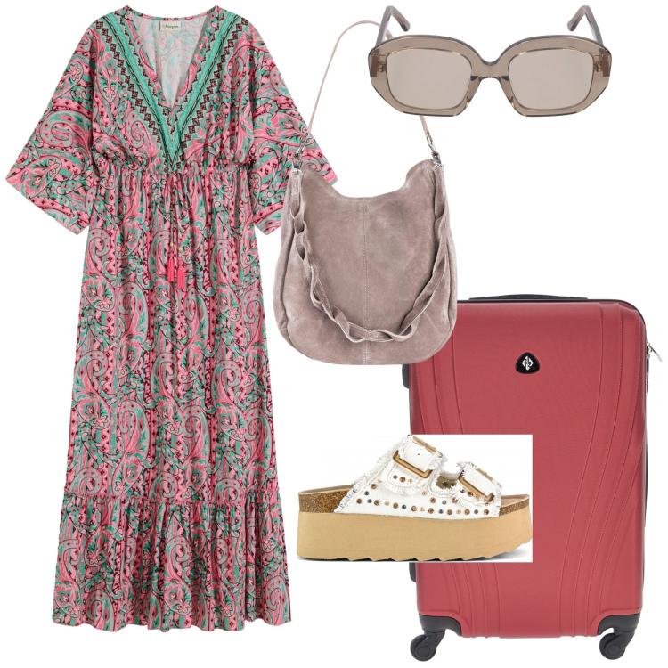Outfit donna - Si parte. per Mare. Abbinamento con vestiti lunghi, borse a mano, sandali, valigie, occhiali da sole.