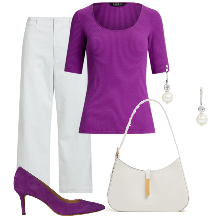 Outfit donna - Due colori. Stile Bon Ton per Tutti i giorni. Abbinamento con décolleté, t-shirt, pantaloni, orecchini, borse a spalla.