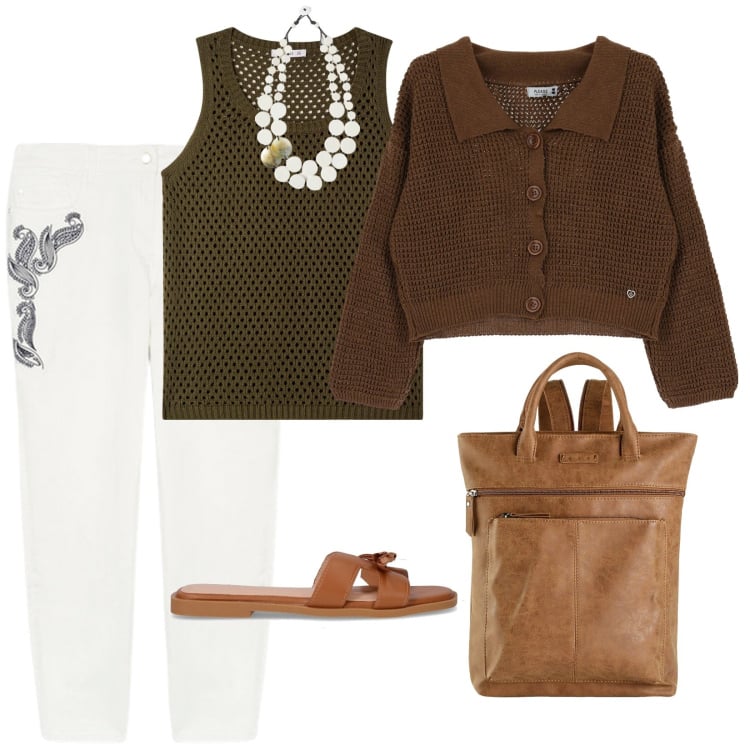 Outfit donna - Serate di agosto. per Serata fuori. Abbinamento con zaini, top, cardigans, pantaloni, ciabatte, ciondoli.