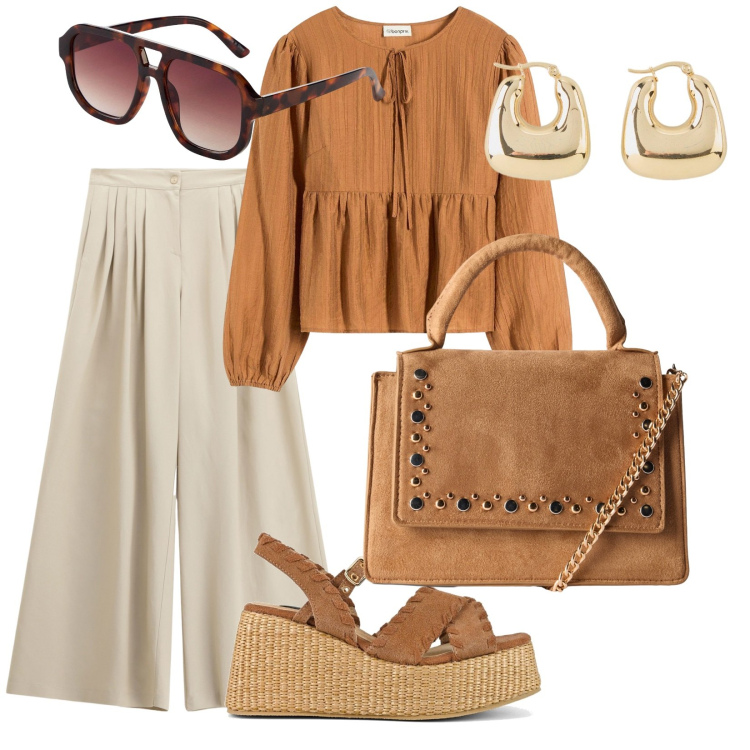 Outfit donna - Agosto. per Tutti i giorni. Abbinamento con bluse, orecchini, occhiali da sole, borse a tracolla, pantaloni a palazzo, zeppe.