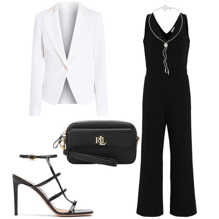 Outfit donna - A cena con stile. Stile Chic per Serata fuori. Abbinamento con blazer, pochette, braccialetti, tute, sandali in pelle.