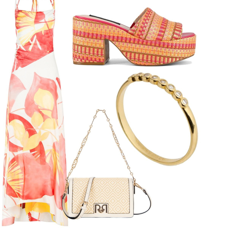 Outfit donna - Pranzo con le amiche. Stile Casual chic per Serata fuori. look ideale per Tall. Abbinamento con borse a tracolla, vestiti lunghi, zeppe, anelli.