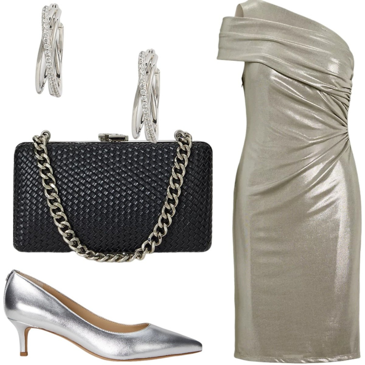 Outfit donna - Discoteca. Stile Chic per Serata fuori. look ideale per Tall. Abbinamento con vestiti asimmetrici, orecchini, décolleté, clutch.