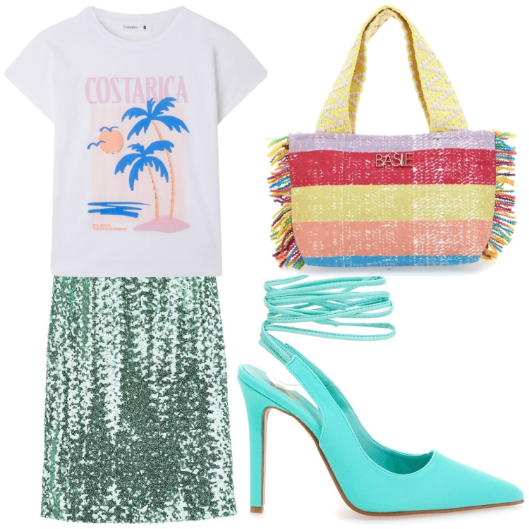Outfit donna - Cena mare. Stile Casual chic per Mare. look ideale per Tall. Abbinamento con t-shirt, gonne longuette, décolleté, pochette.
