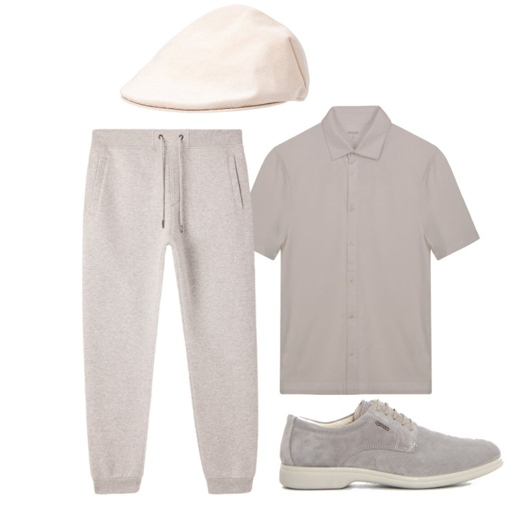 Outfit uomo - Color tortora. Stile Trendy per Tutti i giorni. Abbinamento con pantaloni, cappelli e berretti, scarpe stringate, polo.