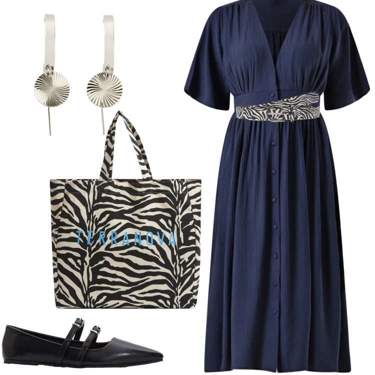Outfit donna - In città. Stile Casual chic per Ufficio. Abbinamento con ballerine, orecchini, borse tote, cinture, vestiti chemisier.