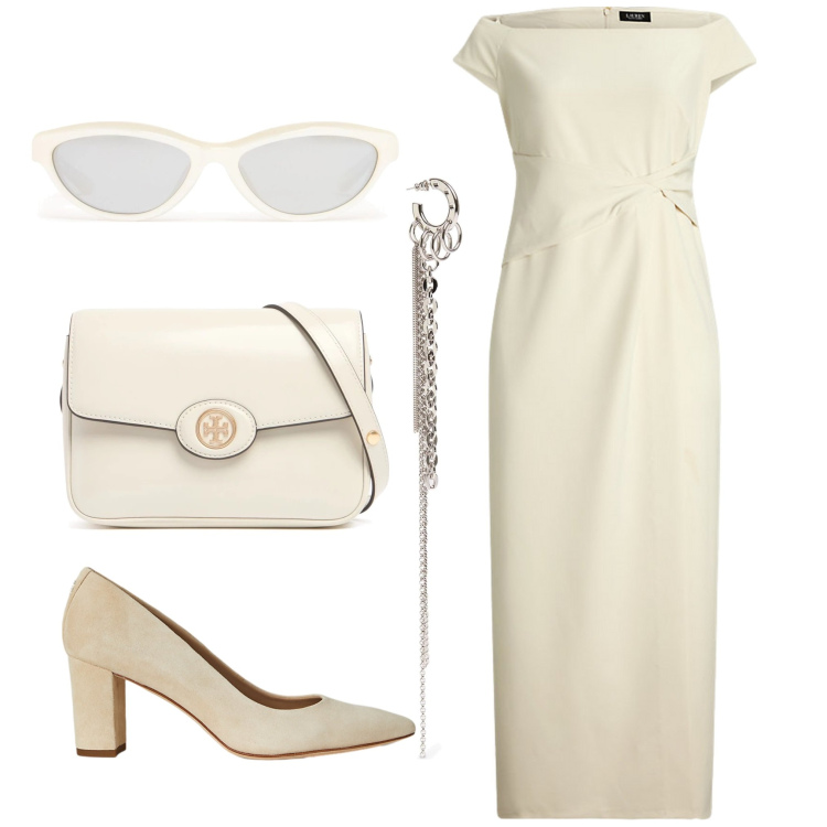 Outfit donna - White bon ton. Stile Bon Ton per Serata fuori. Abbinamento con vestiti lunghi, décolleté, orecchini, borse a spalla, occhiali da sole.