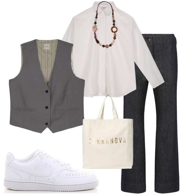 Outfit donna - Temporali ad agosto. Stile Casual chic per Ufficio. Abbinamento con borse tote, pantaloni, gilet, sneakers, camicie, collane.