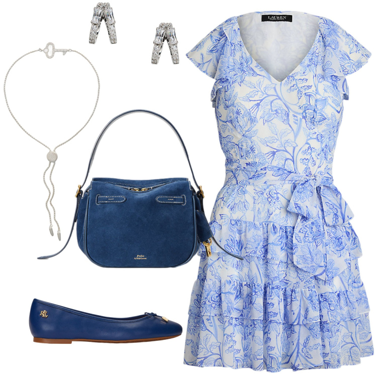 Outfit donna - Un abito semplice. Stile Romantica per Tutti i giorni. Abbinamento con ballerine, braccialetti, orecchini, vestiti, borse a mano.