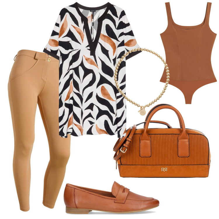 Outfit donna - Passeggiata pomeridiana. Stile Casual chic per Tutti i giorni. Abbinamento con borse a mano, body, pantaloni skinny, collane, bluse, mocassini.